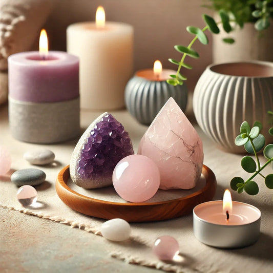 Trois pierres naturelles (améthyste, quartz rose et howlite) disposées sur un fond zen avec des bougies et des plantes