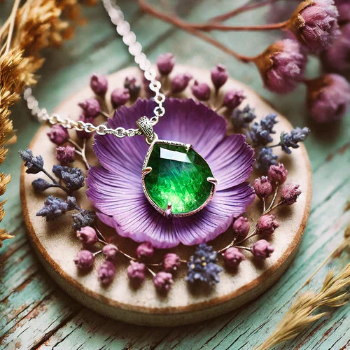 Bijou en kammerérite vibrant avec une chaîne en argent délicate, entouré de teintes violettes et vertes