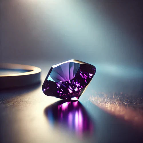 Image de la pierre naturelle Kammerérite, gemme rare aux teintes pourpres et violettes, mise en valeur sur une surface polie avec un éclairage subtil