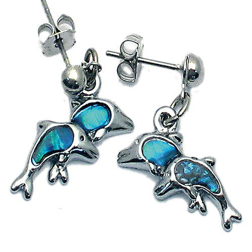 BOUCLES D’OREILLE NACRE BLEUE DOUBLE DAUPHINS