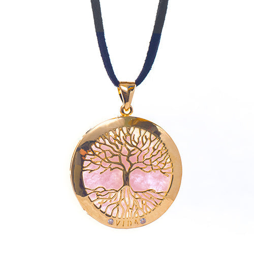 COLLIER ARBRE DE VIE DORÉ QUARTZ ROSE