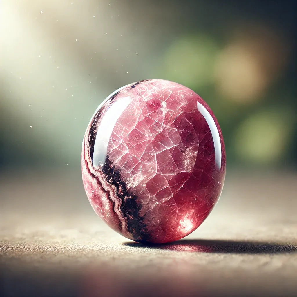 Photographie professionnelle ultra-réaliste d'une rhodonite polie aux veines noires et nuances de rose, éclairée naturellement sur un fond neutre flouté.