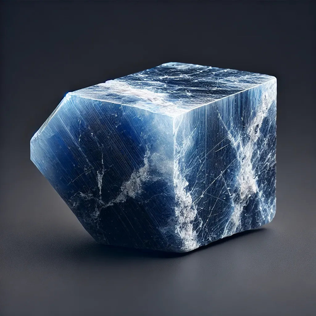 une sodalite brute, mettant en valeur ses veines blanches et sa texture détaillée